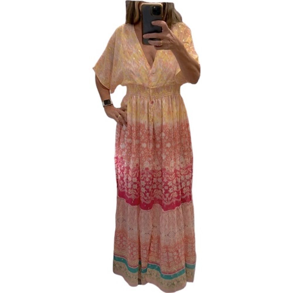 House Of Harlow 1960 Buttons Down Smocked Waist Colorful Maxi Dress.Size M